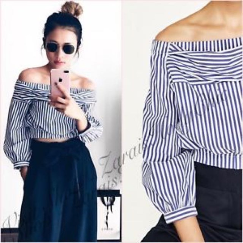 Zara Pinstripe Off The Shoulder Crop Top